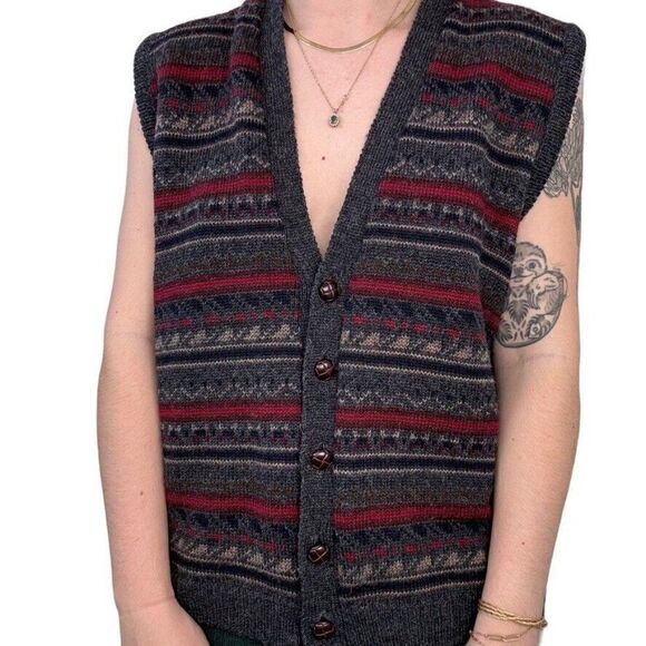 Vintage 1990s Wool Geometric V Neck Dark Academia Sweater Vest Preppy XL - Picture 6 of 6